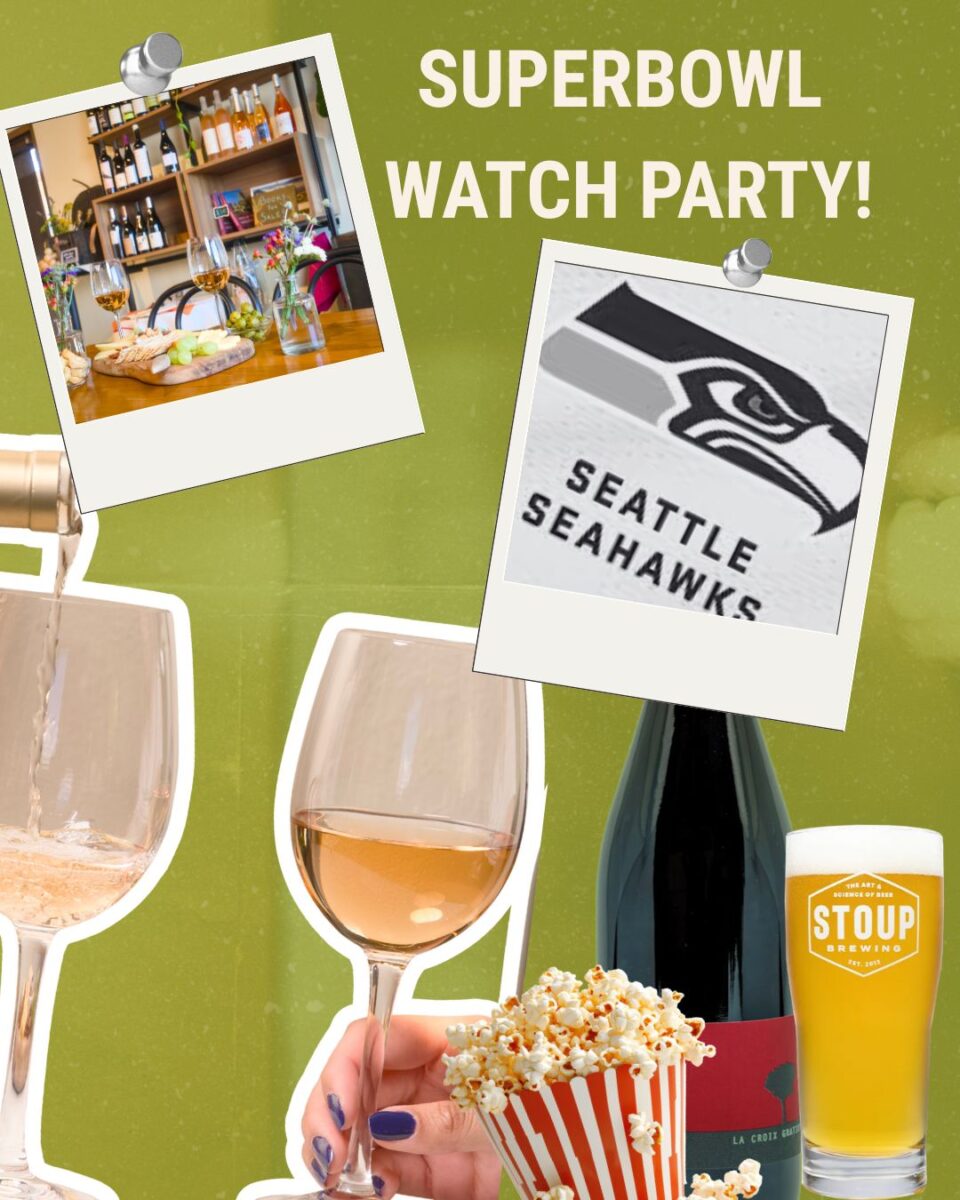 Green background with some polaroid type images "tacked" over, the polaroids have a cute photo of the wine bar with some food and glasses of rose and the other polaroid has a logo for the seattle seahawks football team. the photo also has 2 glasses of wine with some popcorn , a bottle of wine and also Stoup beer in a glass