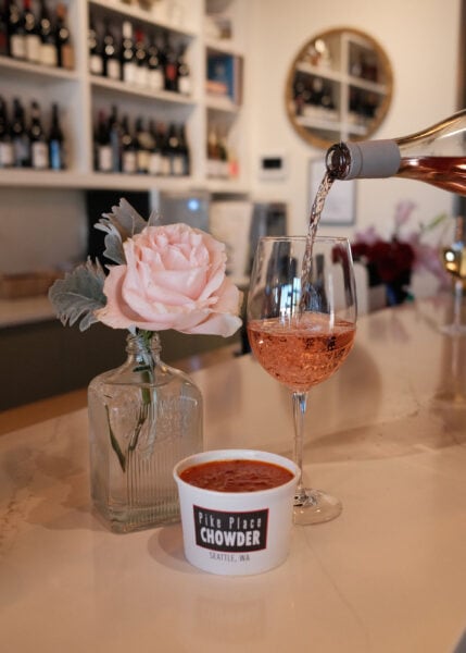 Delicious rosé wine served with Pike Place Chowder.