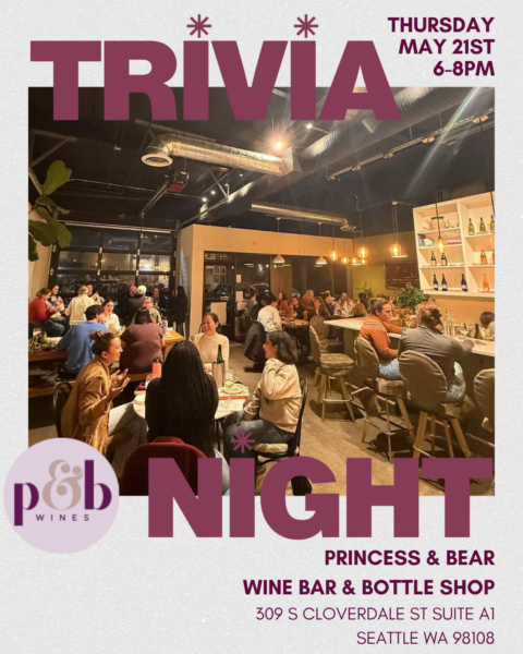 Trivia Night event at Princess & Bear Wines with guests Teri & Michi, featuring wine bar and bottle.